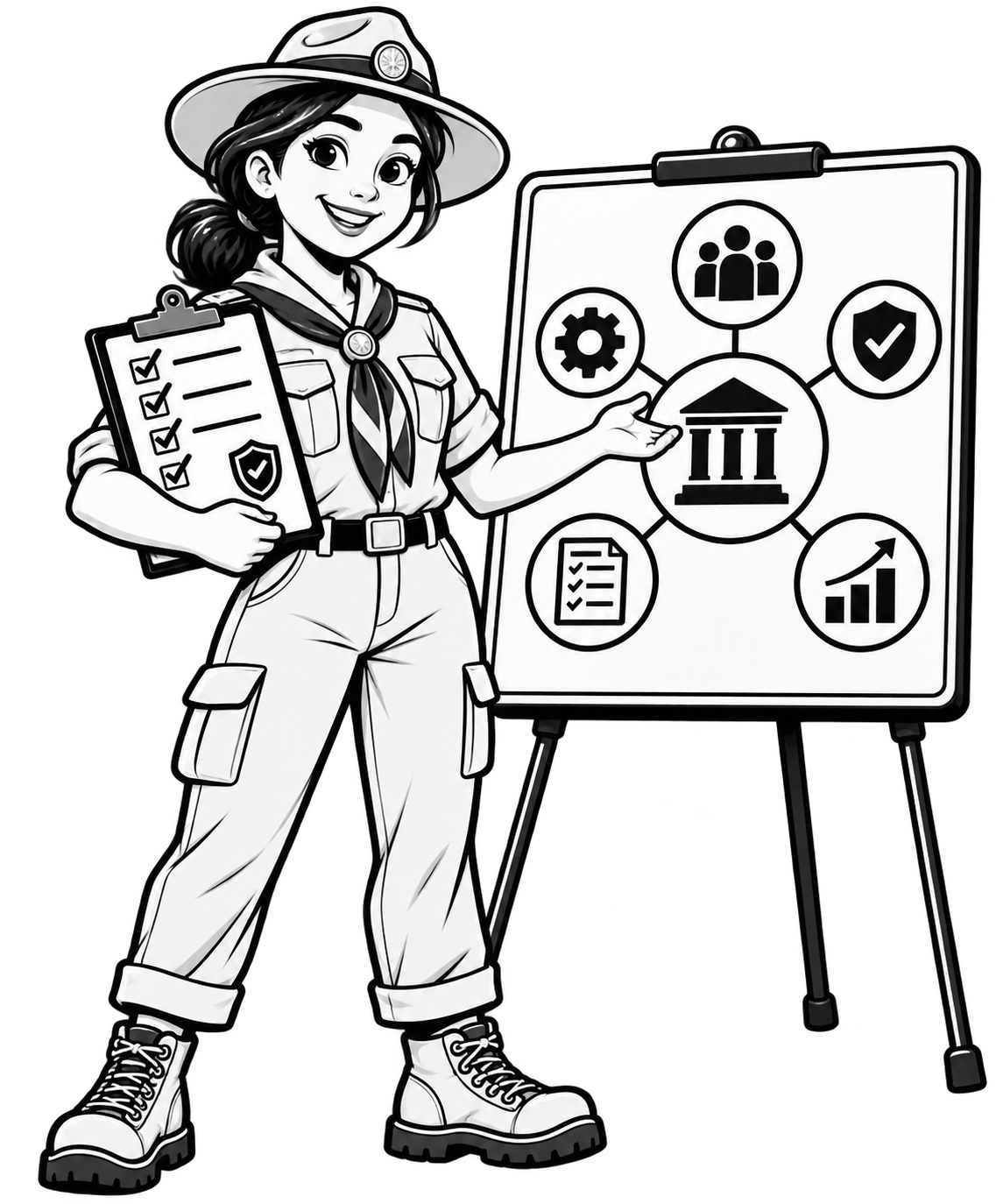 Illustration cartoon en noir et blanc : Gouvernance et GSAT