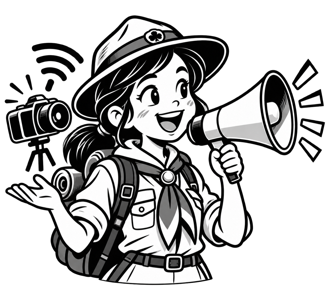 Illustration cartoon en noir et blanc : Communication et visibilité