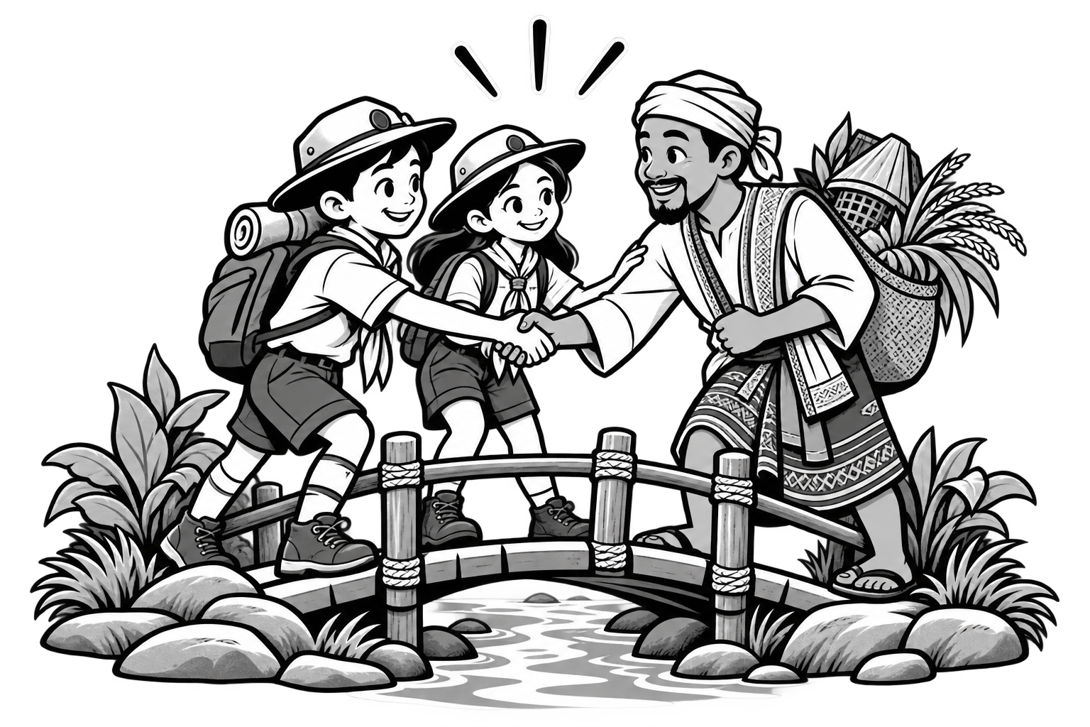 Illustration cartoon en noir et blanc : Partenaires et Amparibe