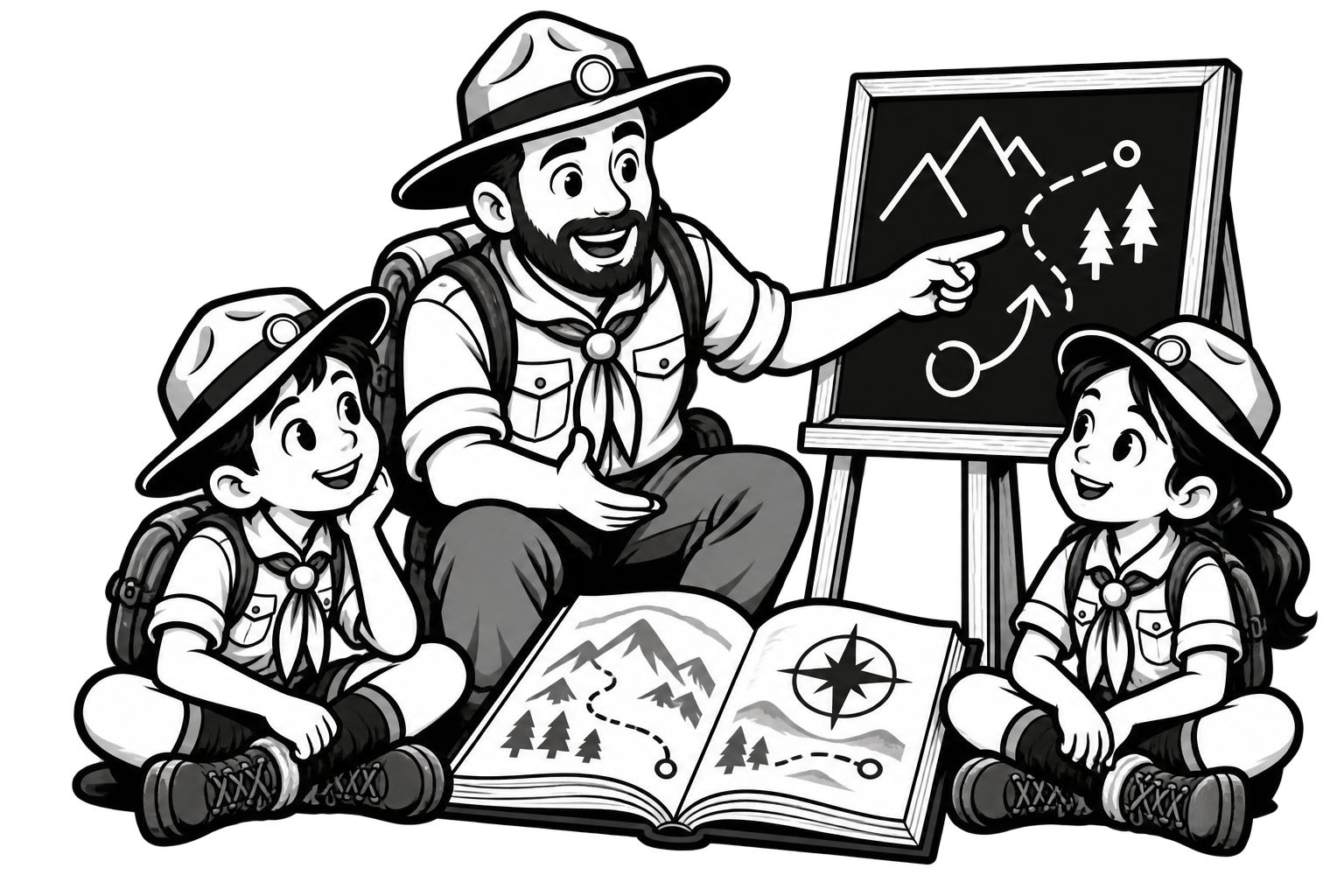 Illustration cartoon en noir et blanc : Formation