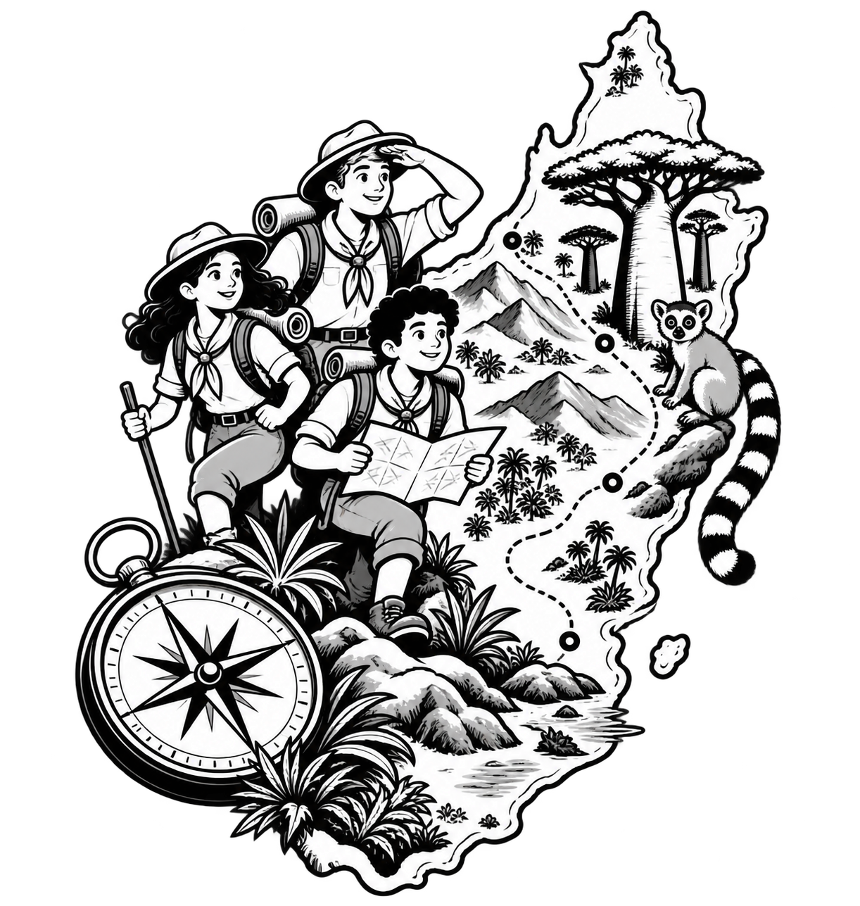 Illustration cartoon en noir et blanc : Régions